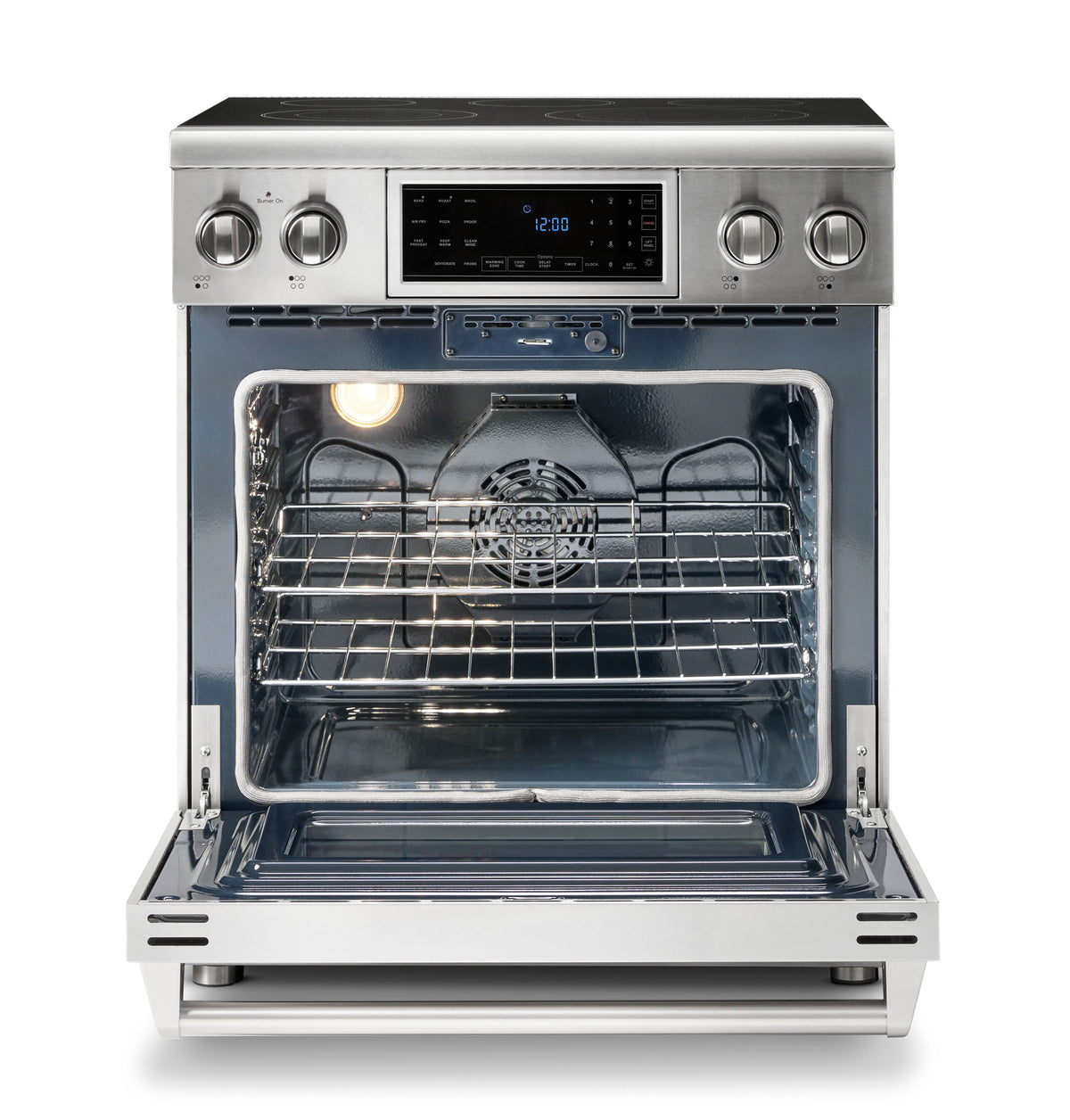 Stainless steel electric range oven interior with fan, racks, and heating surface