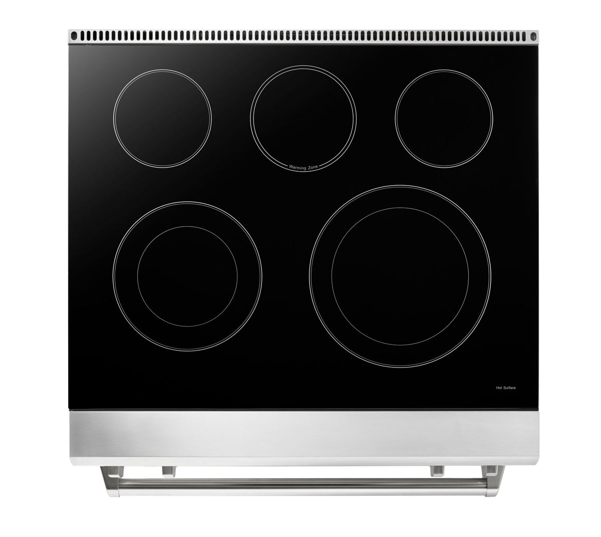 Stainless electric range cooktop with five burners on black glass surface
