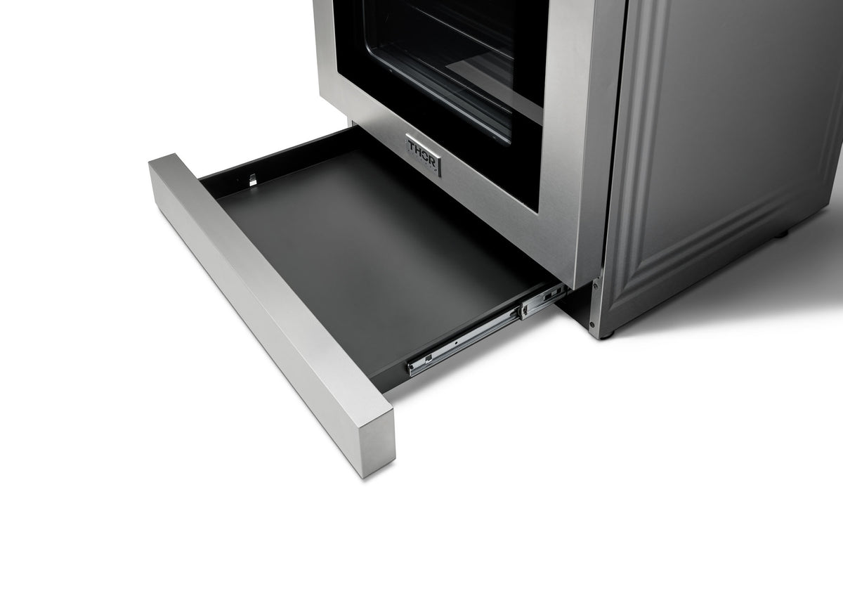 Stainless steel electric range with tilting oven door panel extended