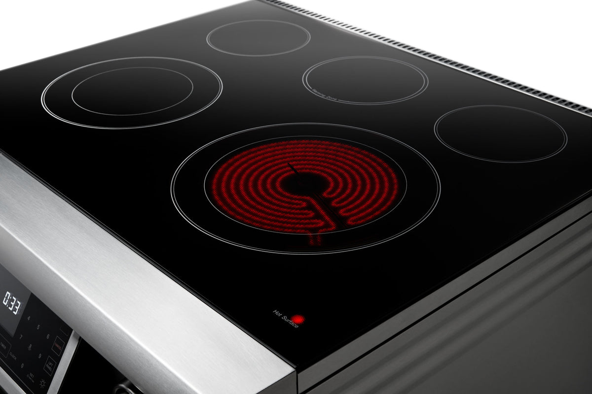 Stainless electric cooktop with four radiant burners and central air-fry mode