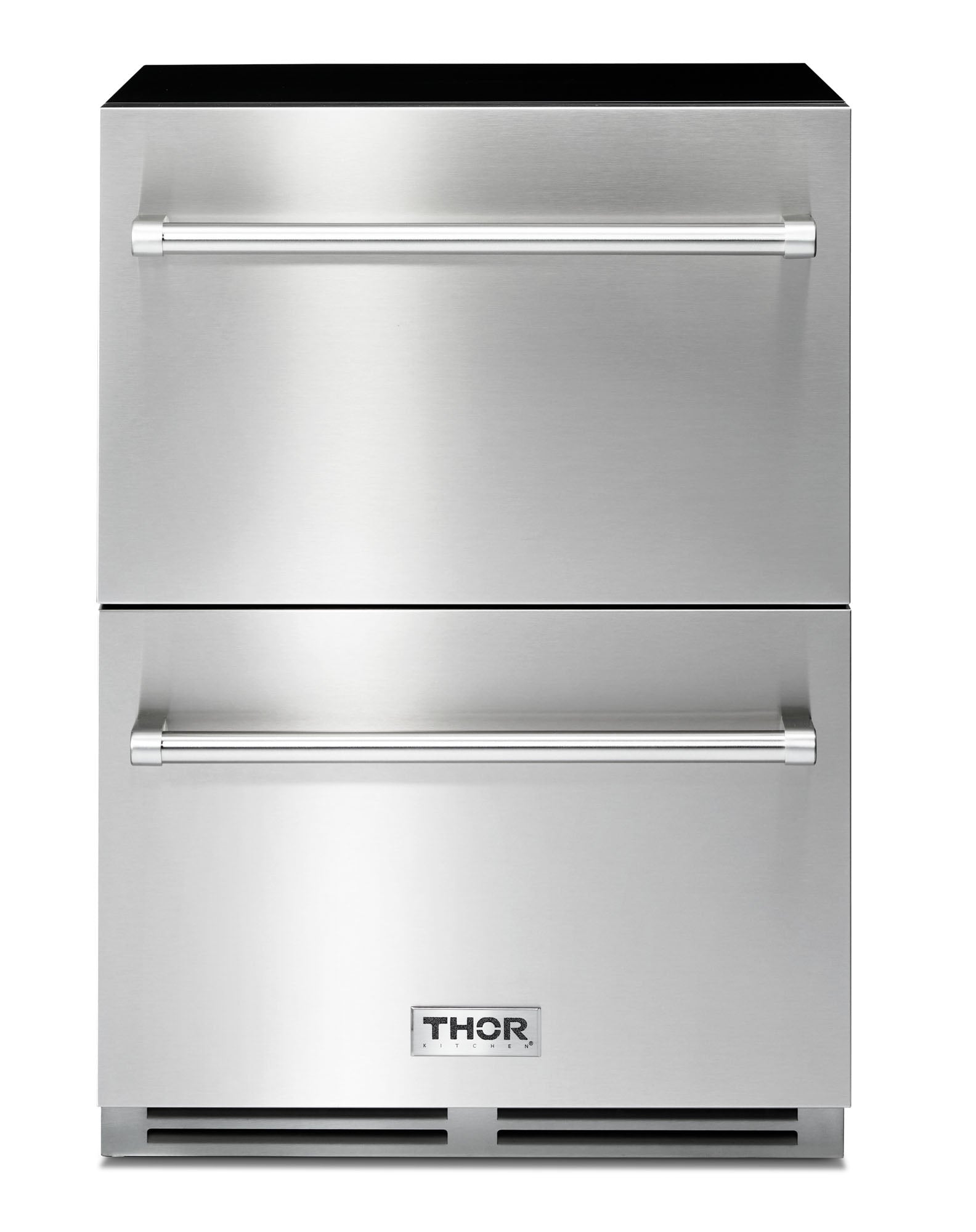 Front view of stainless steel undercounter double-drawer refrigerator with handle bars