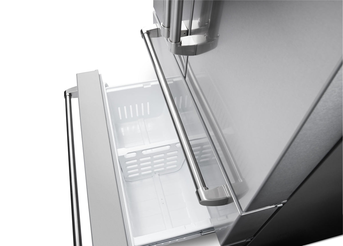 Refrigerator door open with mounted dispenser and interior shelf bins