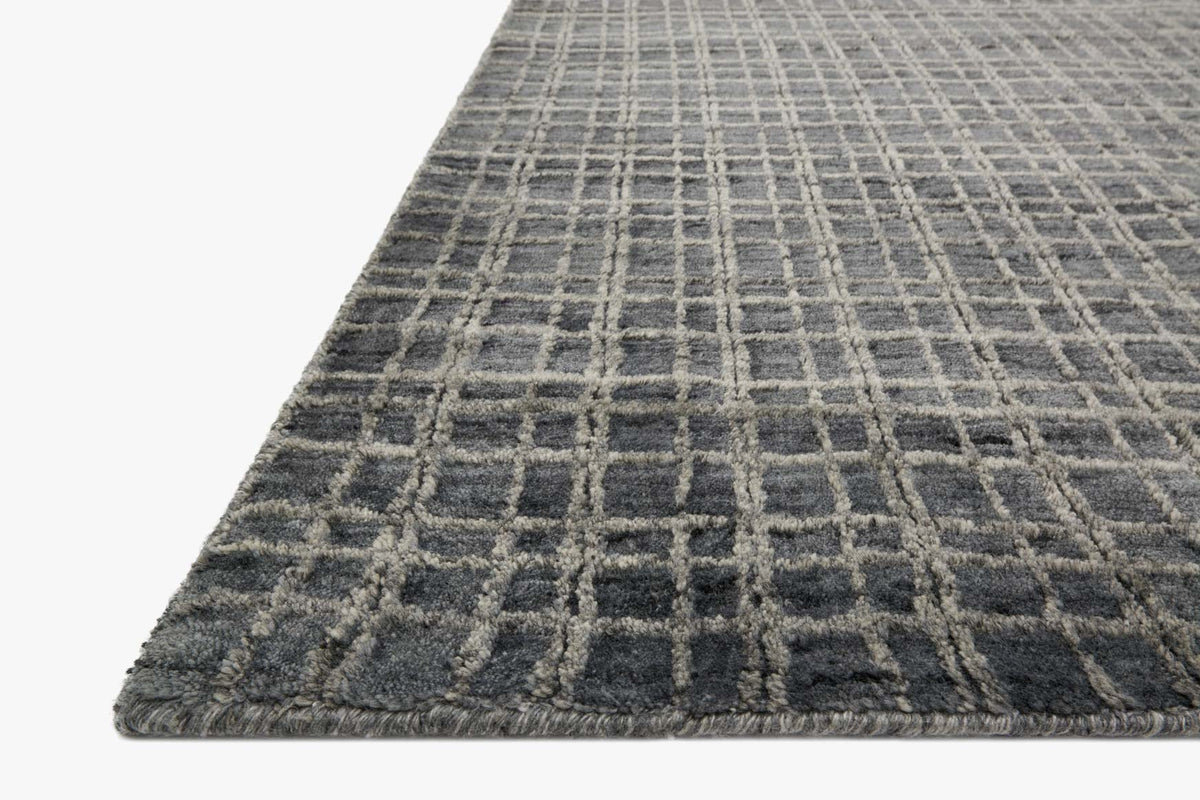 Transitional hand-loomed rug in dark grey, raised geometric grid pattern