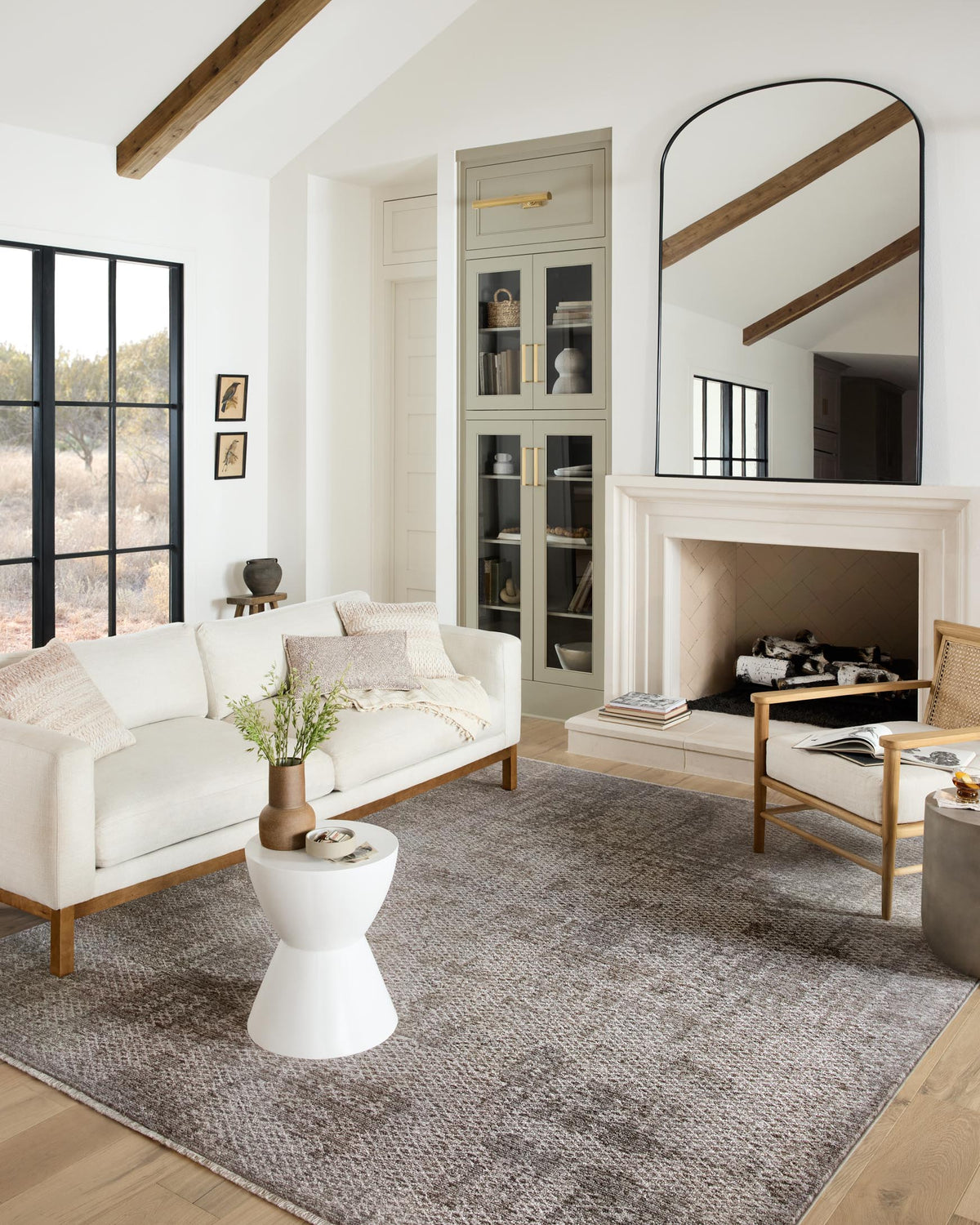 Taupe and dove area rug with textured distressed pattern, shown in a living room