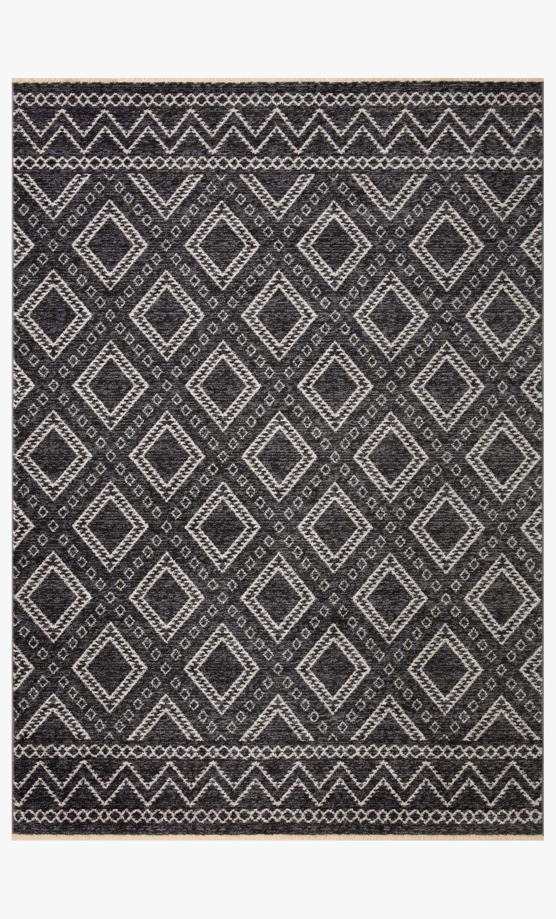 Charcoal traditional power-loomed rug with dove geometric diamond border
