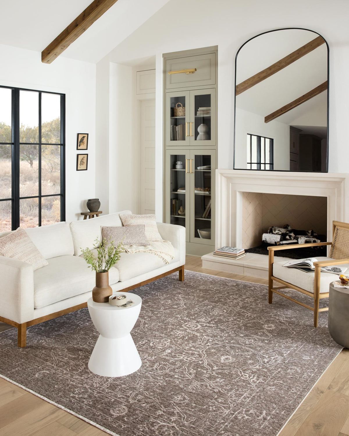 Taupe and dove traditional rug with faded ornamental motif