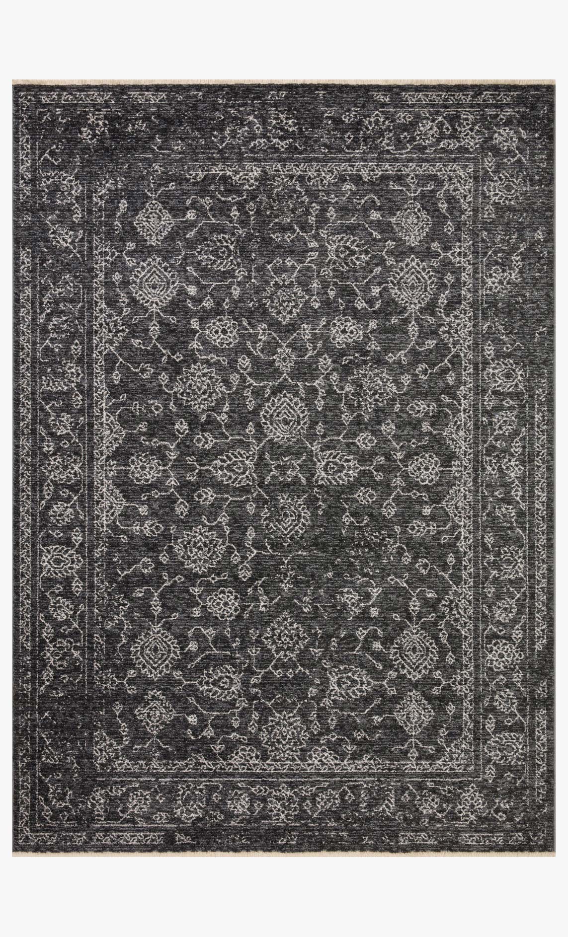 Charcoal and dove traditional area rug with distressed medallion pattern and border