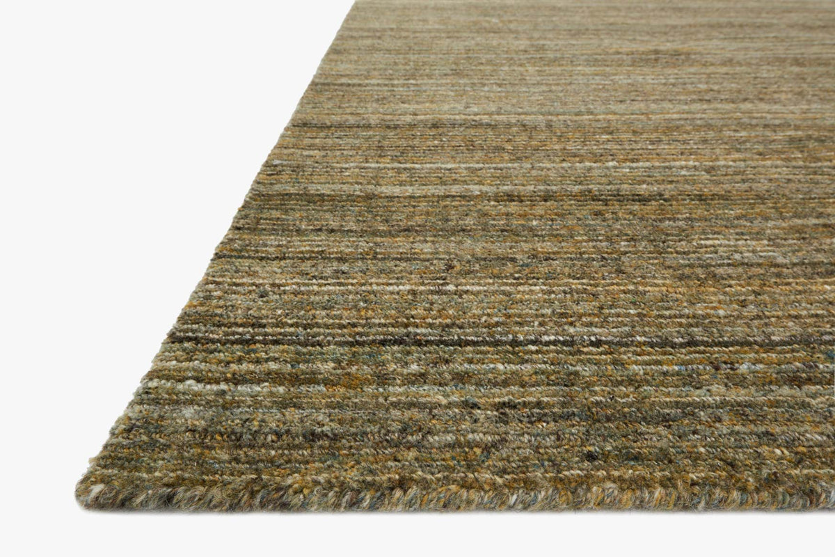 Olive area rug corner close-up with flat woven texture and thin banded stripes