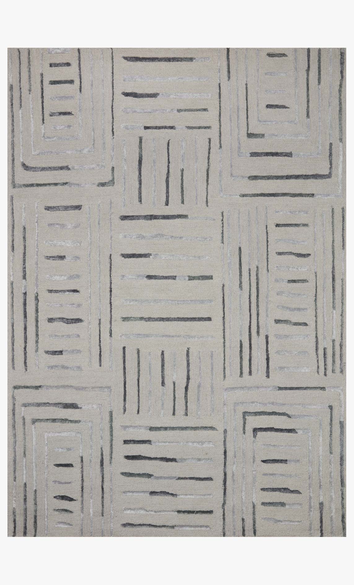 Silver and slate hand-tufted rug with geometric rectangular pattern