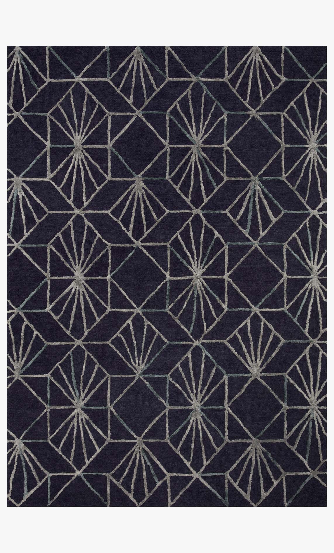 Contemporary hand-tufted rug with geometric fan pattern in dark denim and light blue