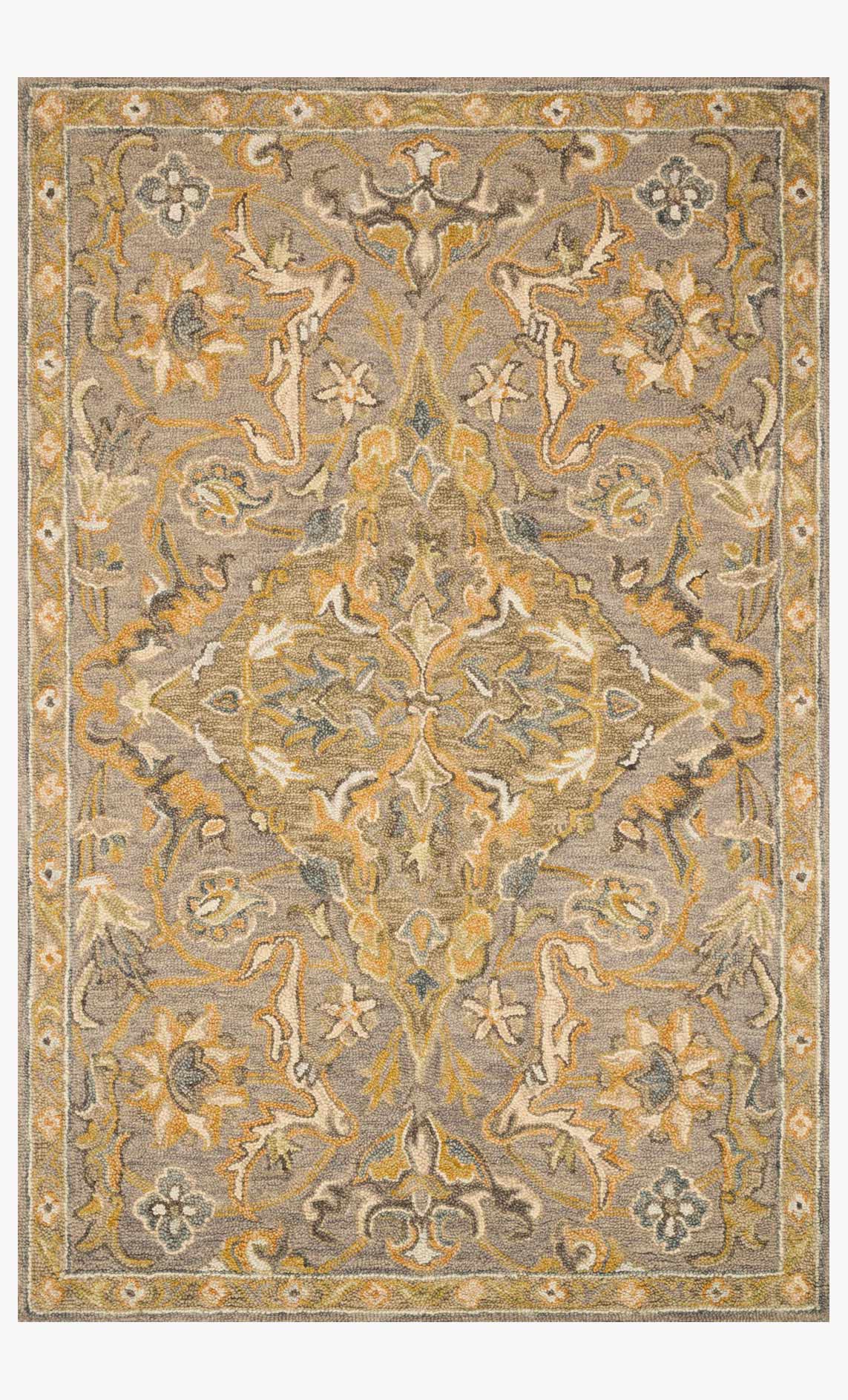 Traditional hooked rug, grey with ornate yellow and cream floral motifs