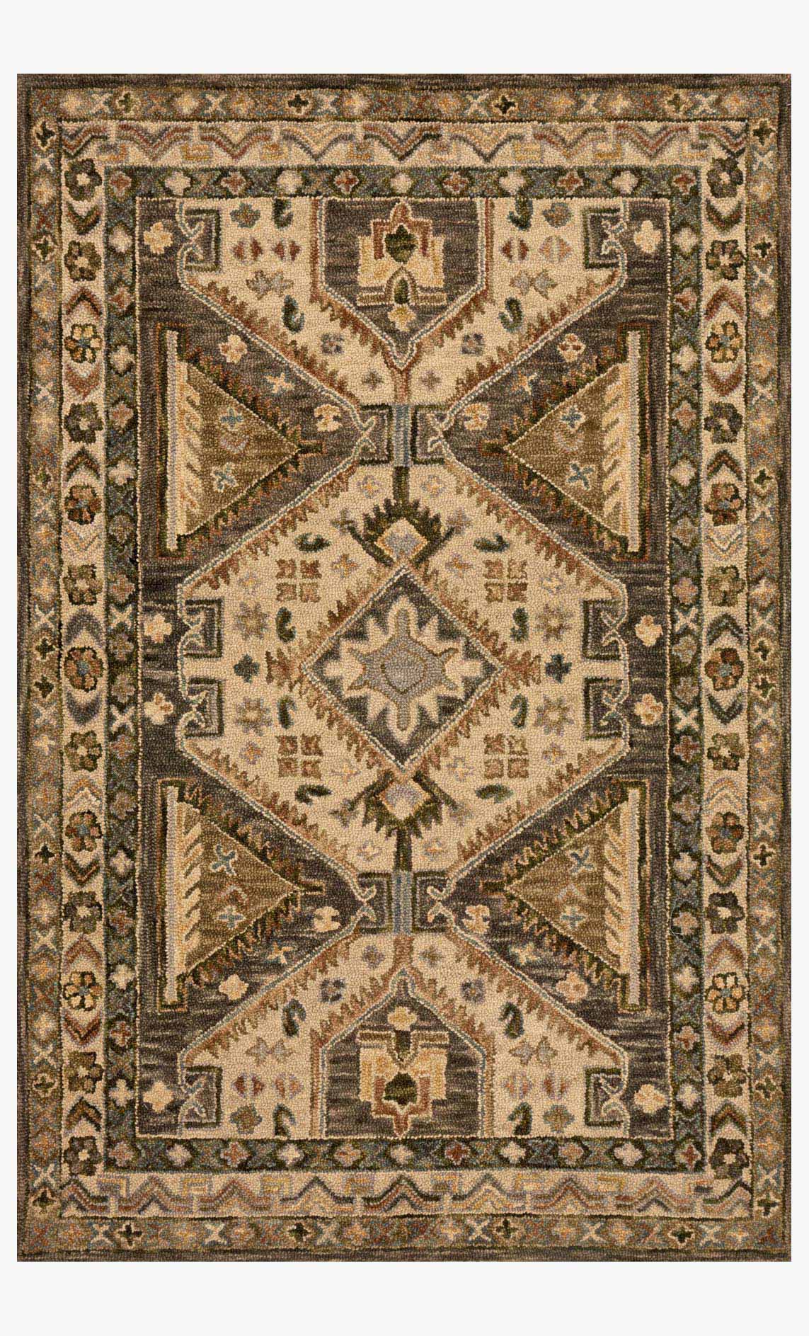 Traditional hooked rug, geometric medallion pattern in dark walnut and beige