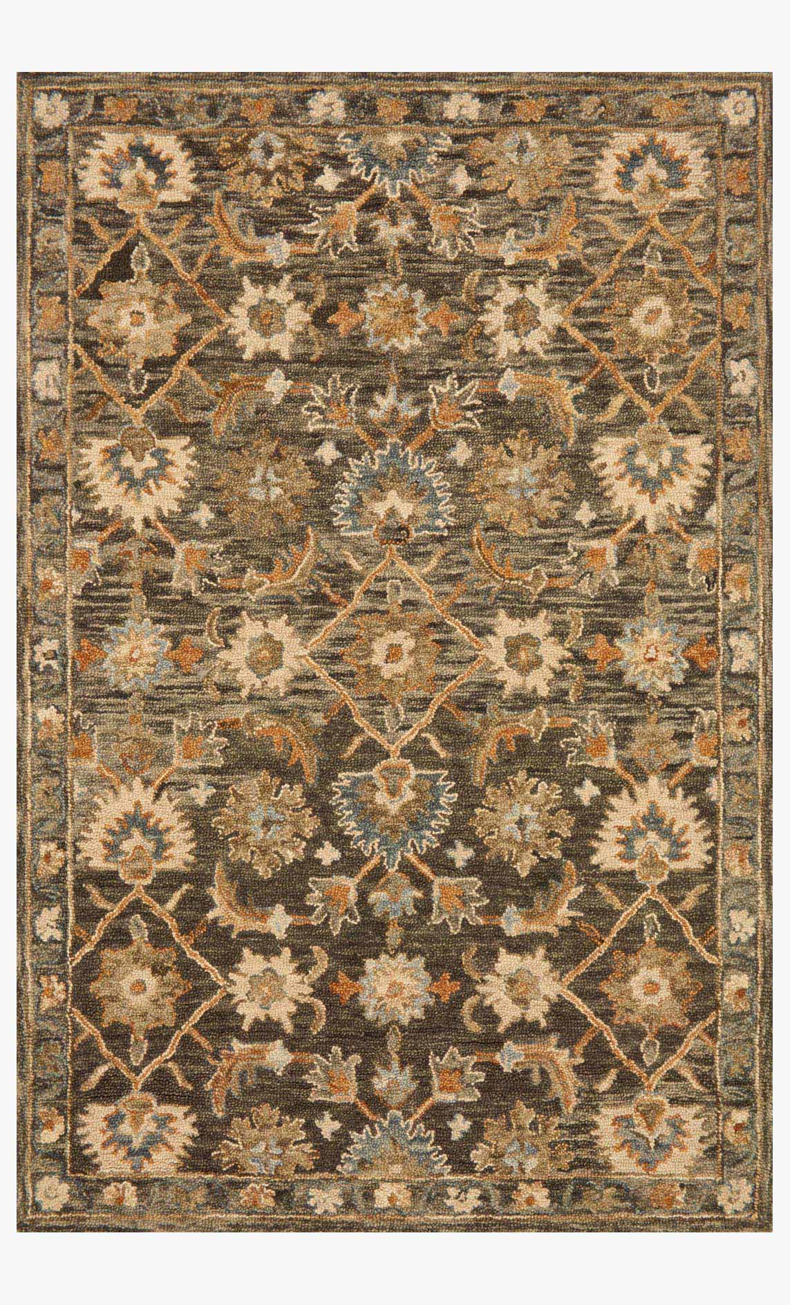 Traditional hooked rug with ornate floral medallion pattern, dark taupe and gold