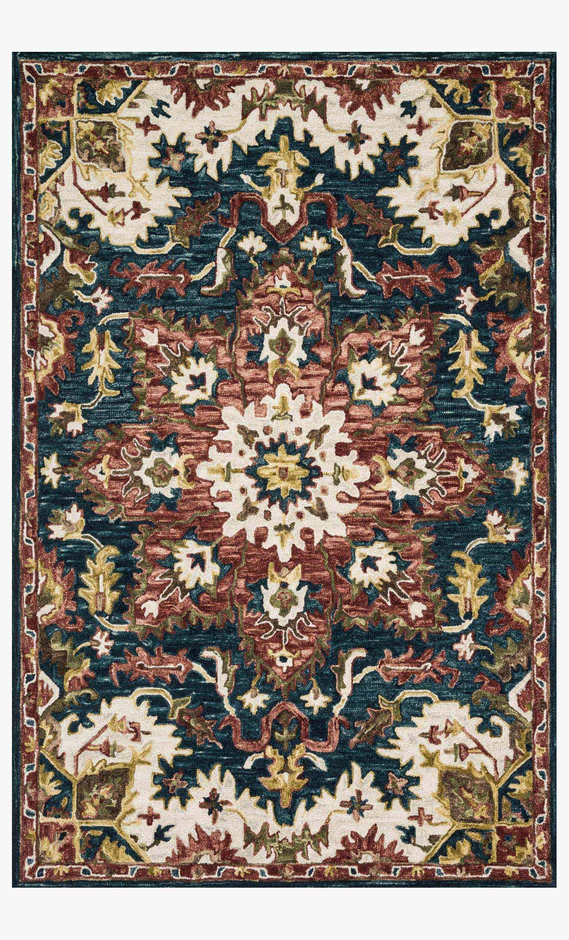 Traditional hooked area rug, teal and raspberry with ornate floral medallion border