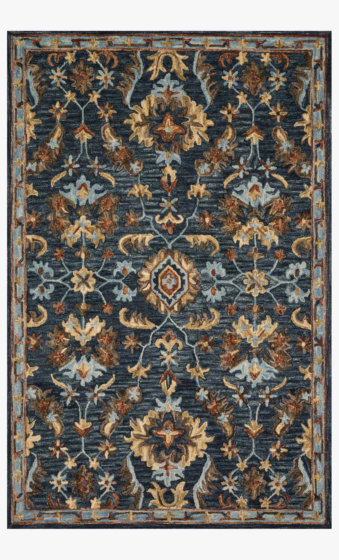 Traditional hooked rug with navy, blue, gold and rust floral medallion pattern