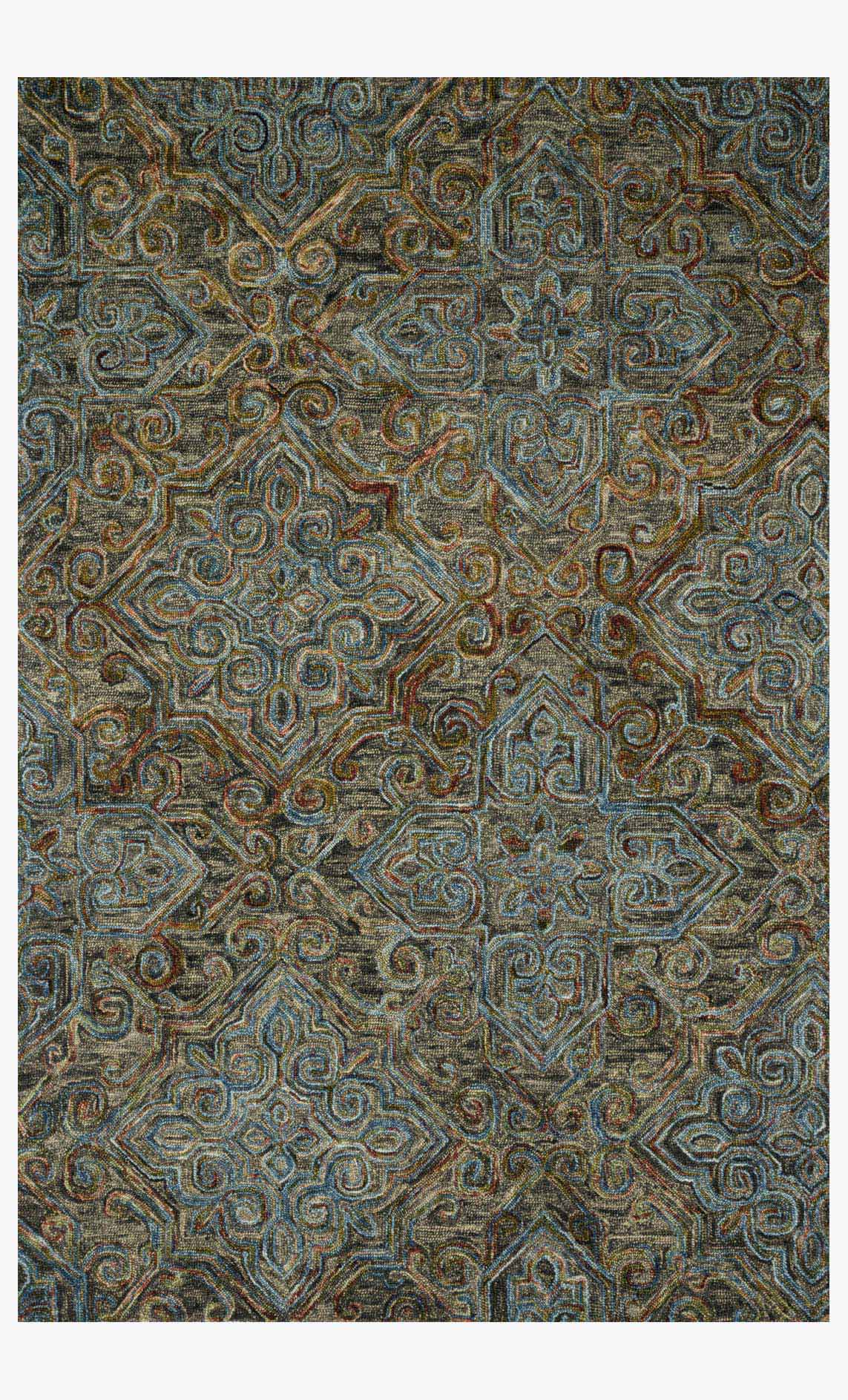 Traditional hooked rug with charcoal base and ornate teal and tan swirling pattern