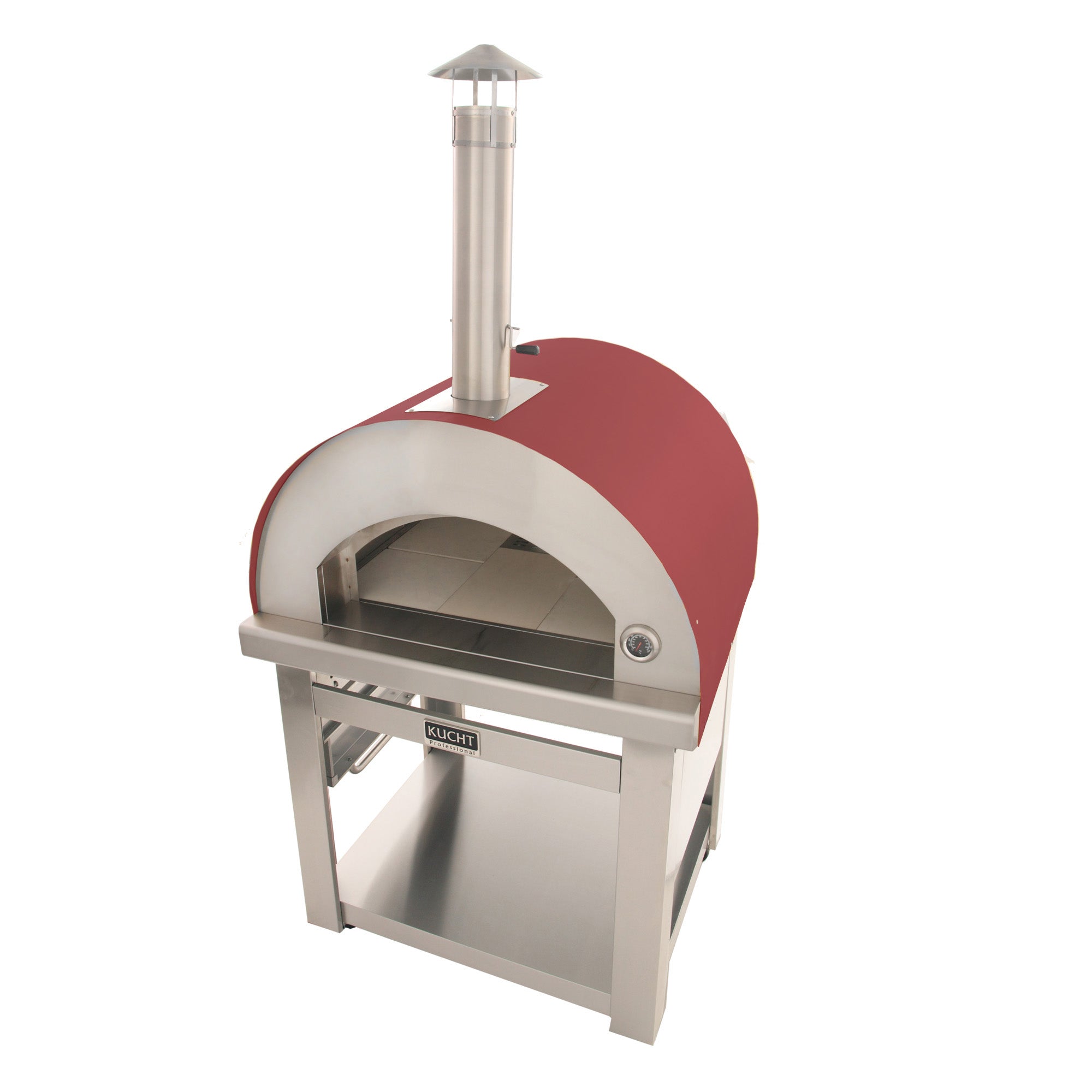 Outdoor wood-fired pizza oven with arched opening, red dome, chimney stack, and side knob.