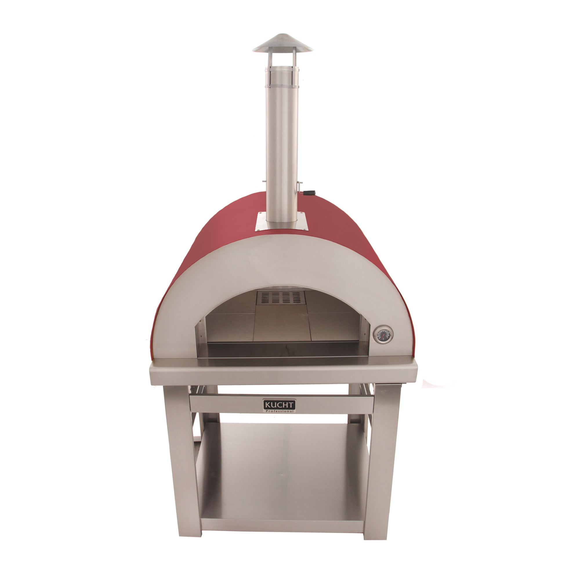 Outdoor wood-fired pizza oven with arched firebox, red dome, stainless cart, and chimney.