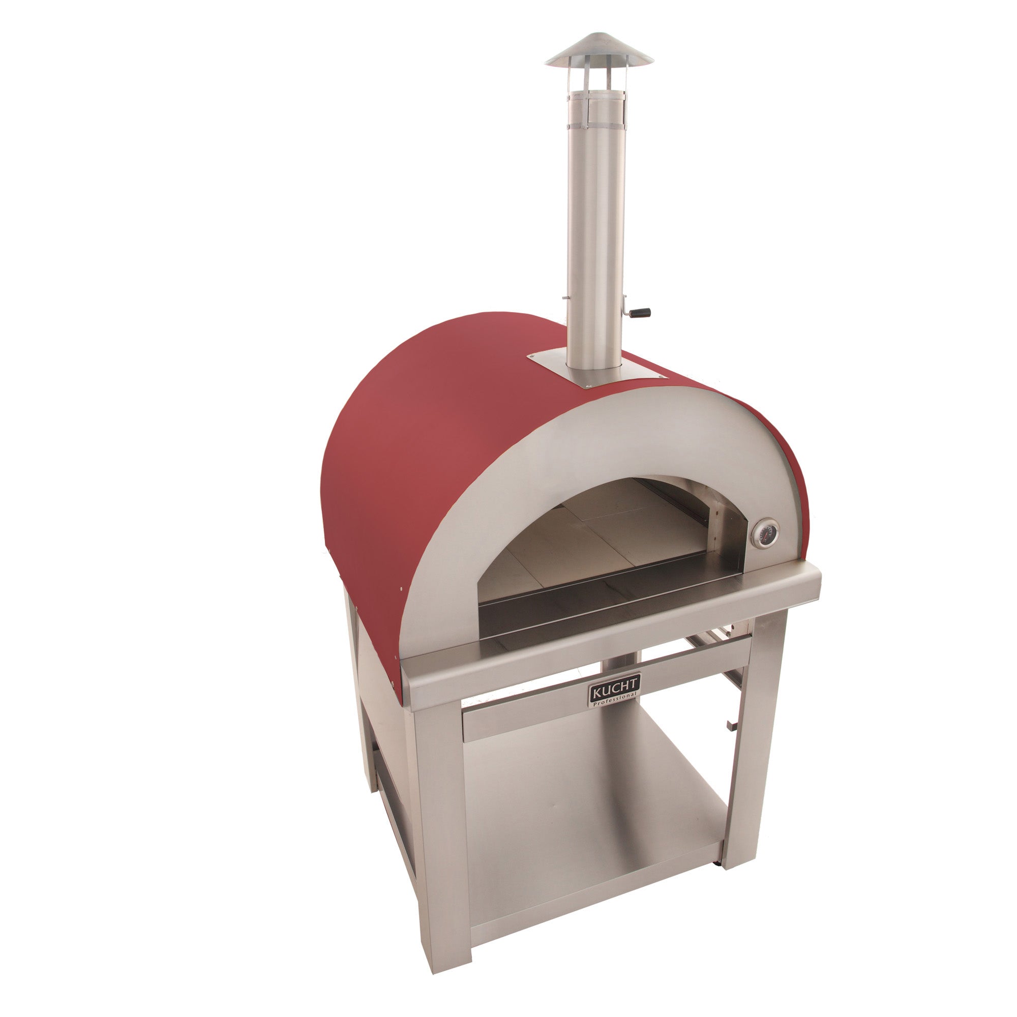 Outdoor wood-fired pizza oven with red dome, front firebox opening, and stainless stand.