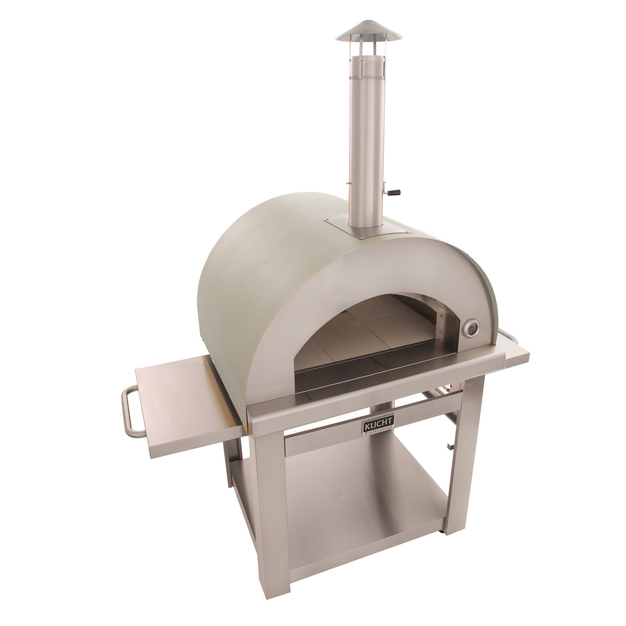Outdoor wood fire pizza oven with open front chamber, stainless steel stand, and side shelf.