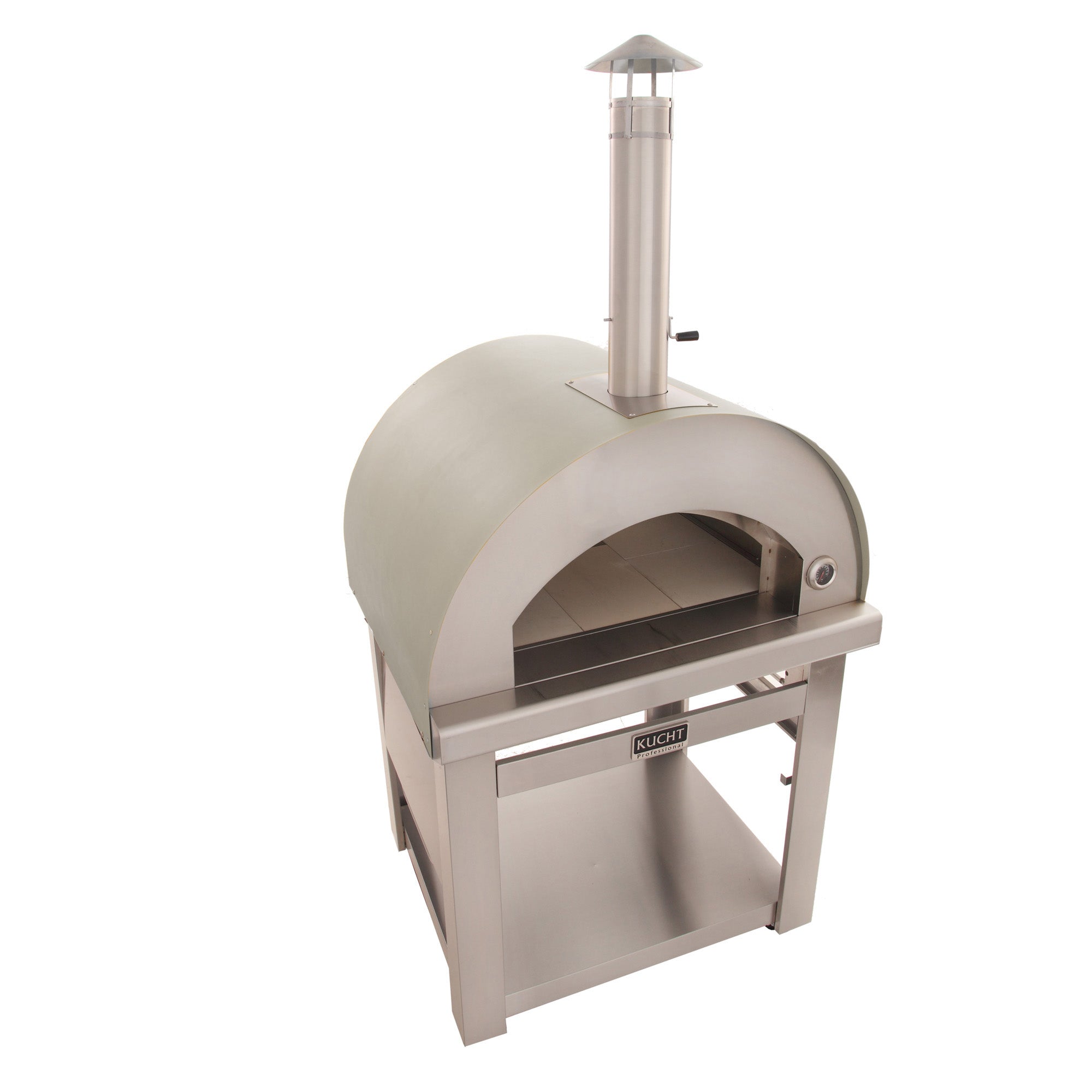 Outdoor wood fire pizza oven with stainless steel dome and chimney over front baking chamber.