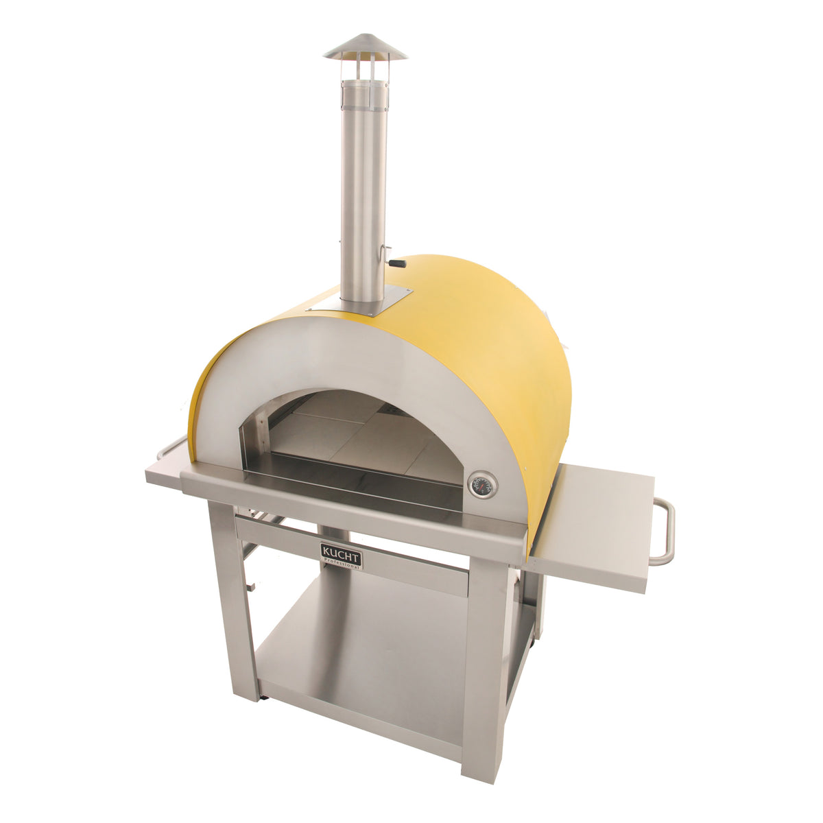 Yellow pizza oven with stainless stand, chimney, and right-side accessory tray