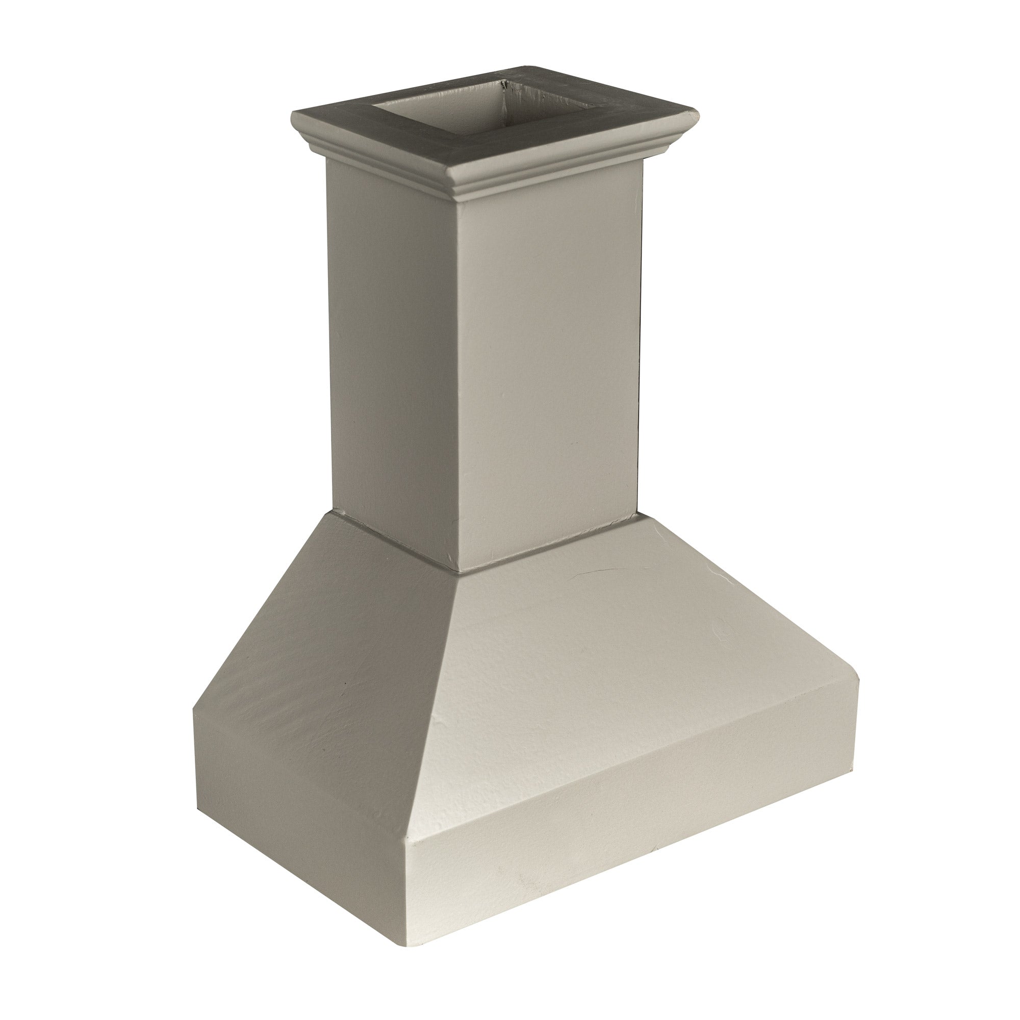Mini wood range hood in urban gray with square top vent and chimney flue.