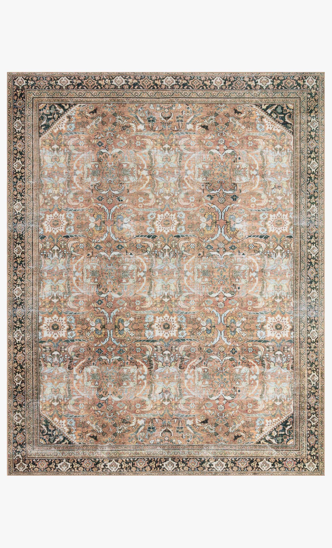 Traditional power-loomed rug with ornate floral medallion pattern in auburn, teal, and cream
