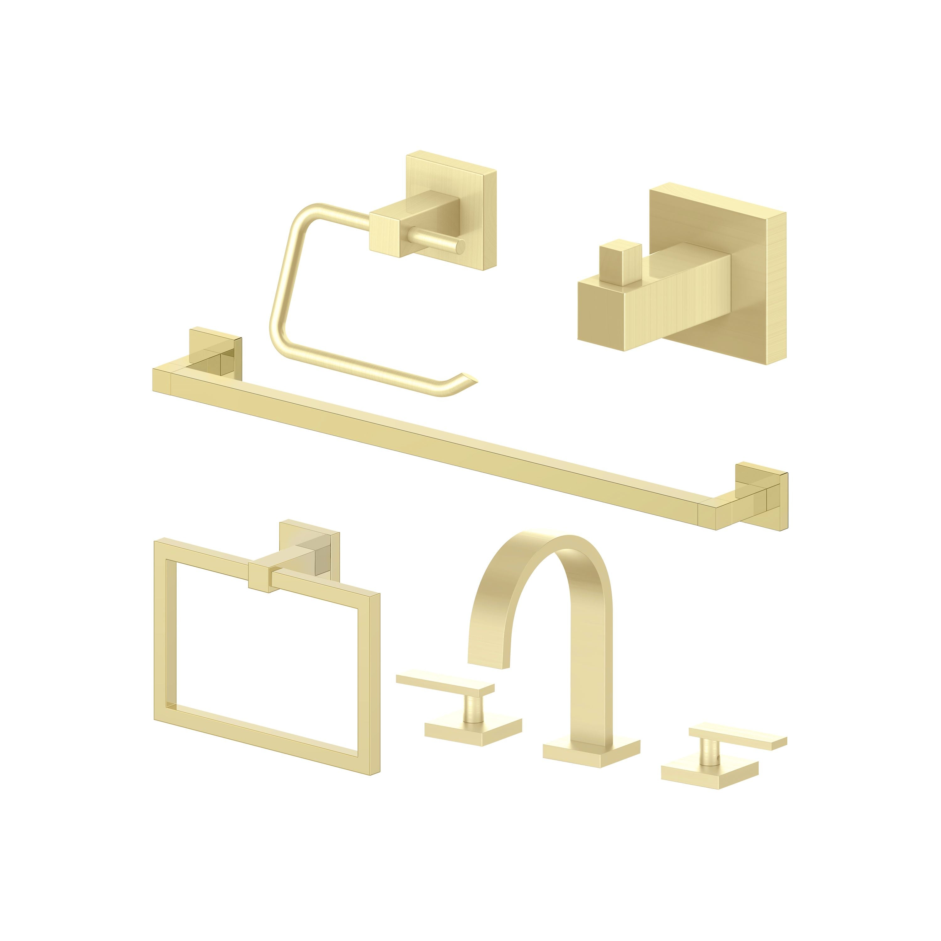 Gold bathroom accessory set, including towel rail, hook, ring, and toilet paper holder
