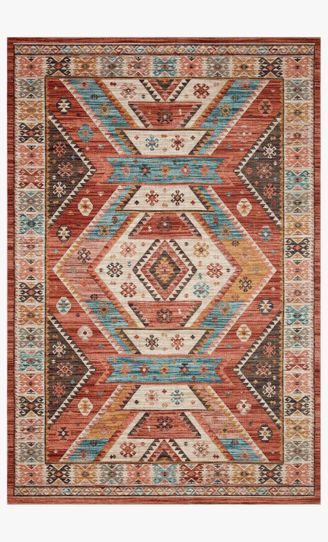 Traditional power-loomed rug with red, teal, and beige geometric medallion border