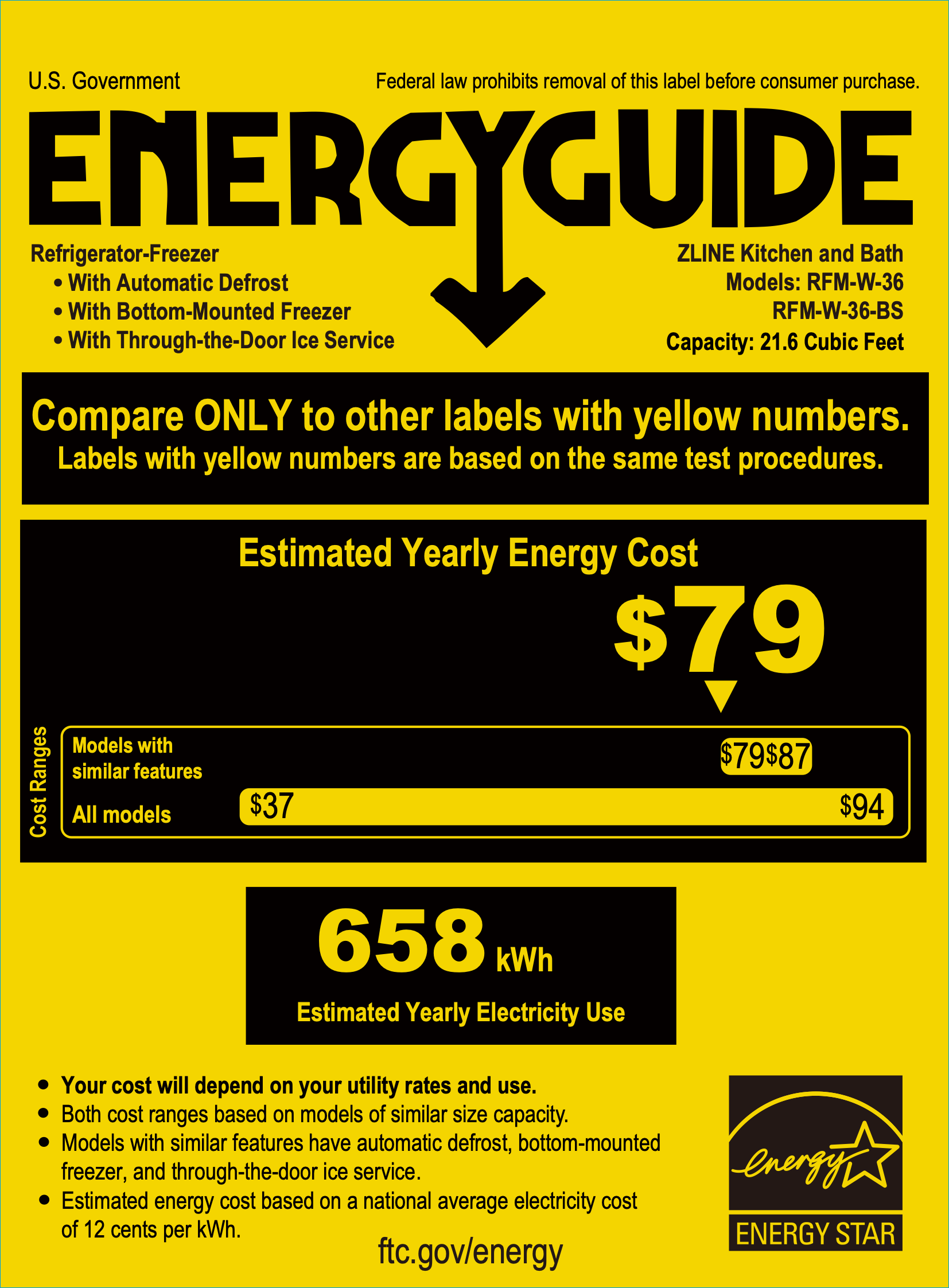 Yellow U.S. EnergyGuide label showing estimated yearly electricity cost for refrigerator