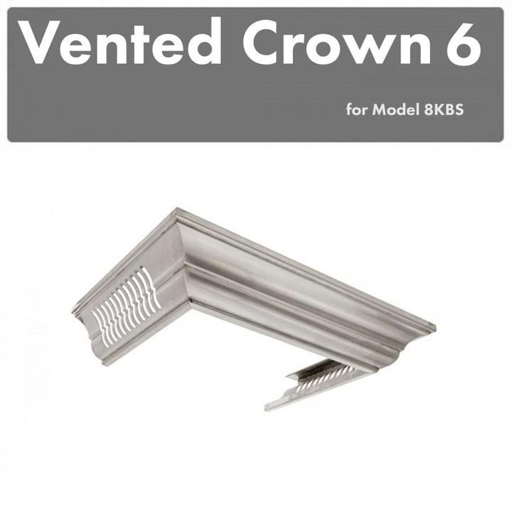 Vented crown molding profile for wall-mount range hood, metallic gray with vent fins