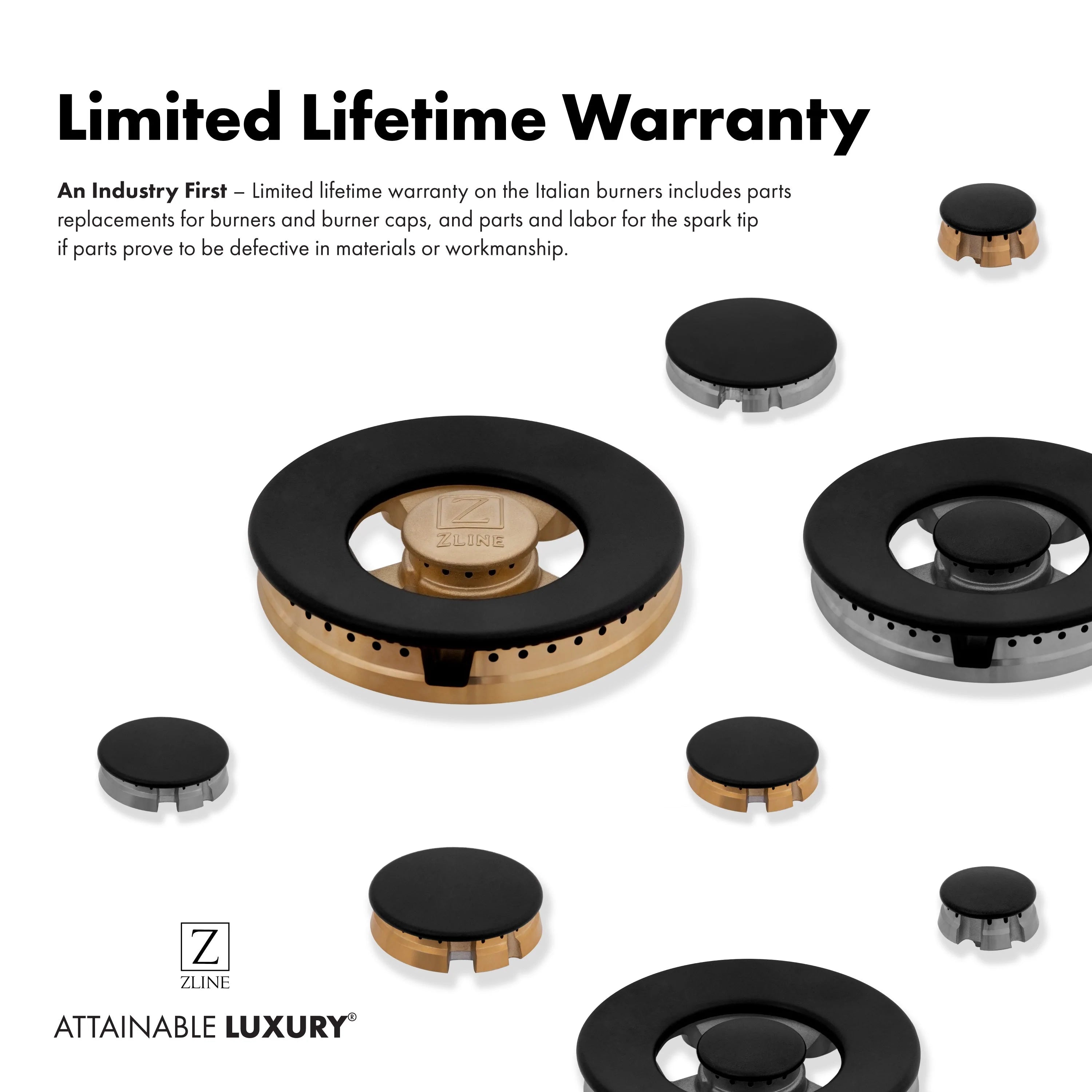 Set of black burner caps with gold bases for range cooktop burners
