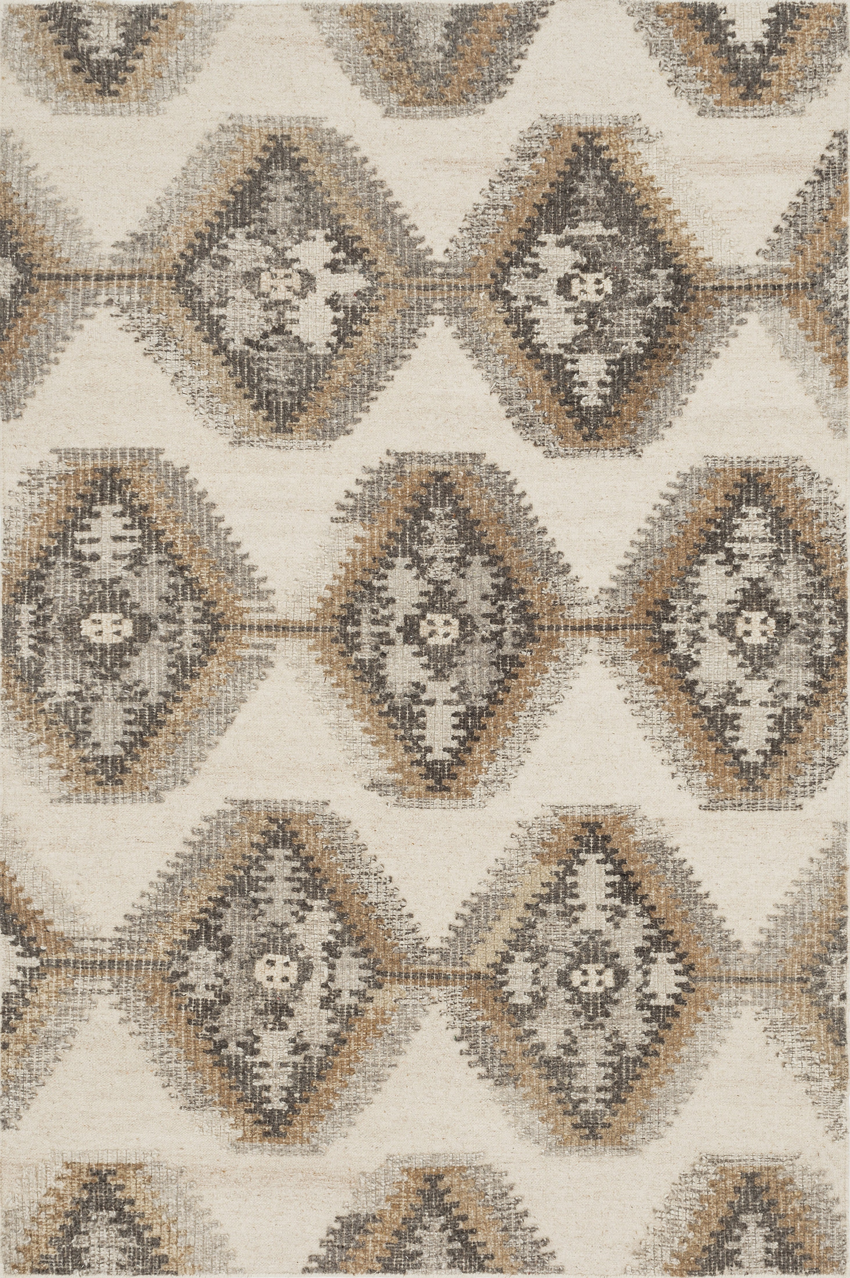 Close-up of ivory and gray geometric diamond pattern on a hand-woven rug
