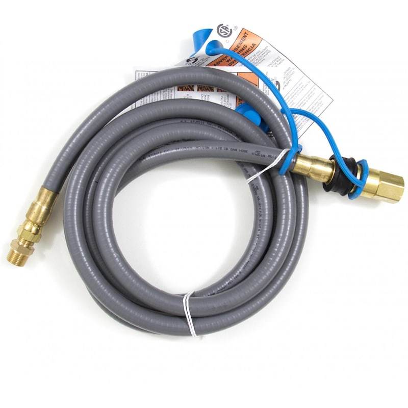 Coiled gas hose with brass connectors and blue quick-disconnect fitting