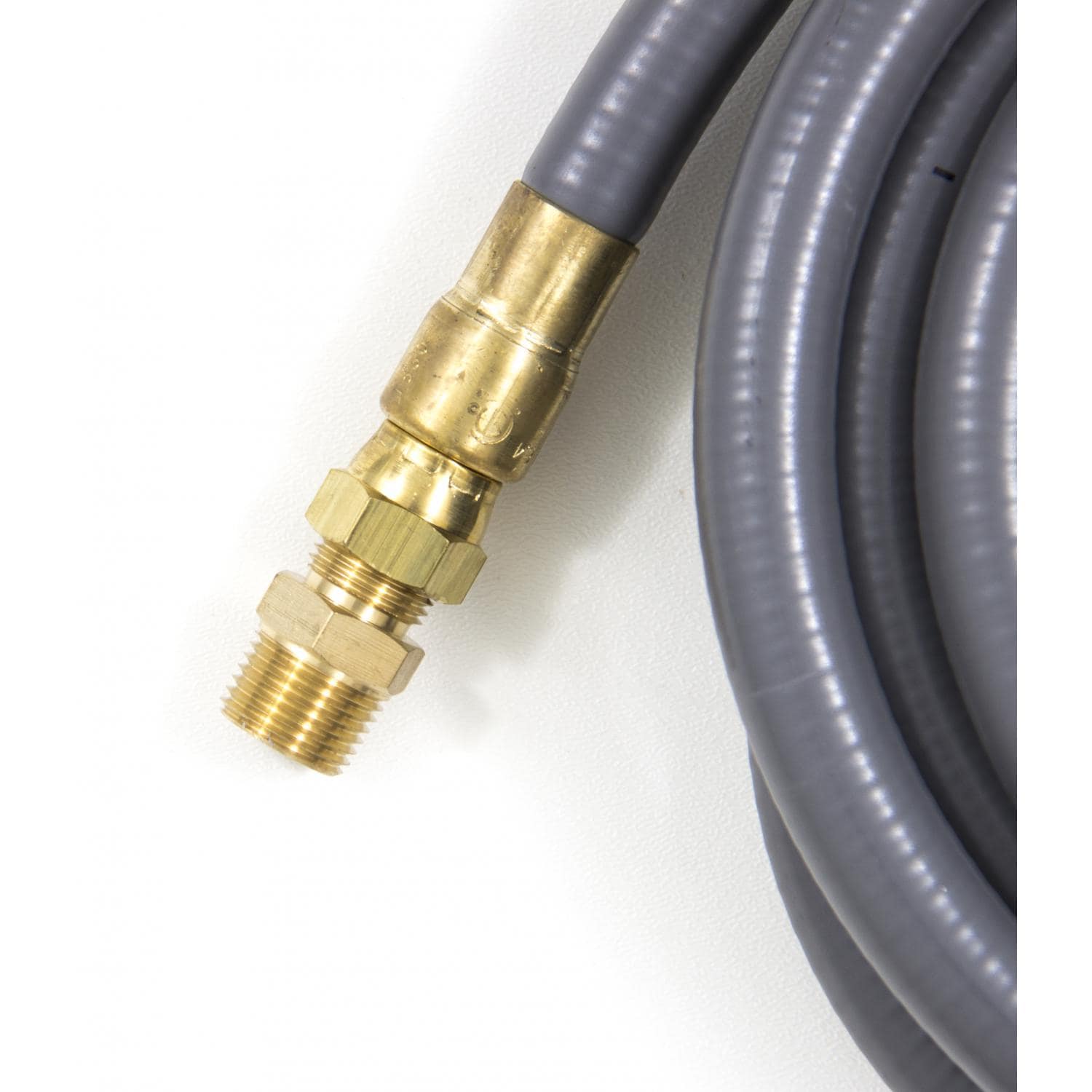 Gas hose end with brass coupling and threaded connector