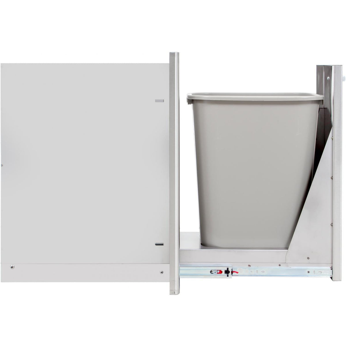 Stainless steel trash bin cabinet with open door and white inner bin