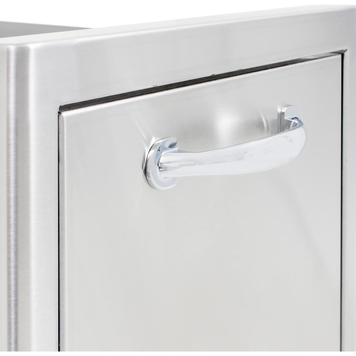 Stainless steel bin door latch with chrome lever handle detail