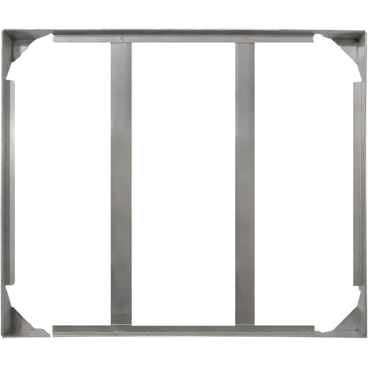 Stainless steel tray frame holding a rectangular ceramic pizza stone, top view