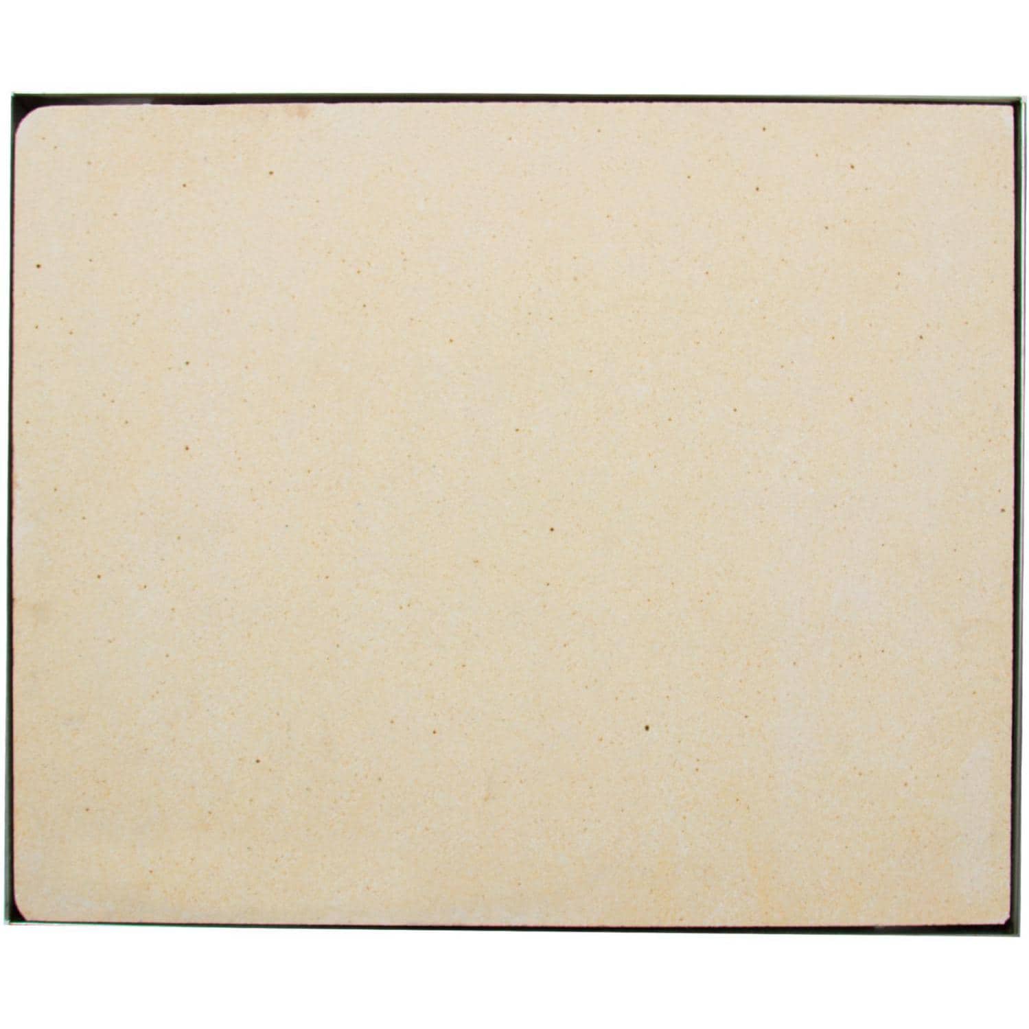 Rectangular beige speckled ceramic pizza stone with metal edge border