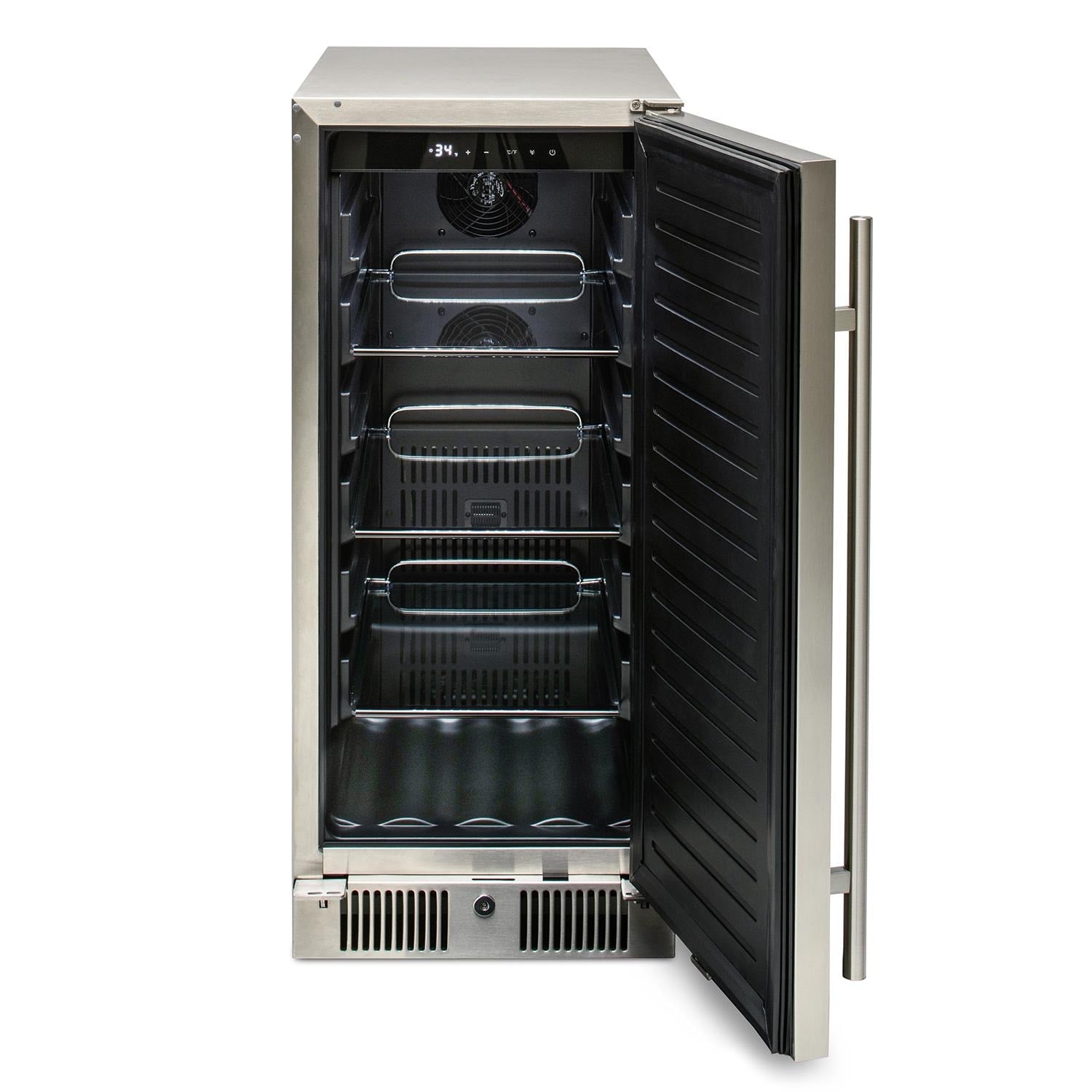 Compact beverage refrigerator with open door showing stacked glassware and beverage racks
