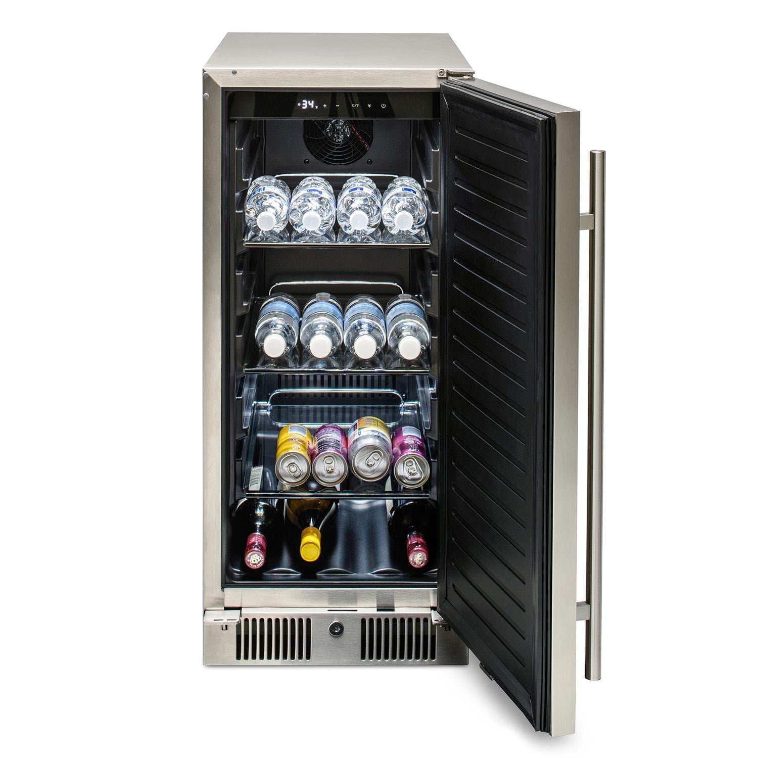 Compact beverage refrigerator with open door showing glassware shelf and bottled drinks inside
