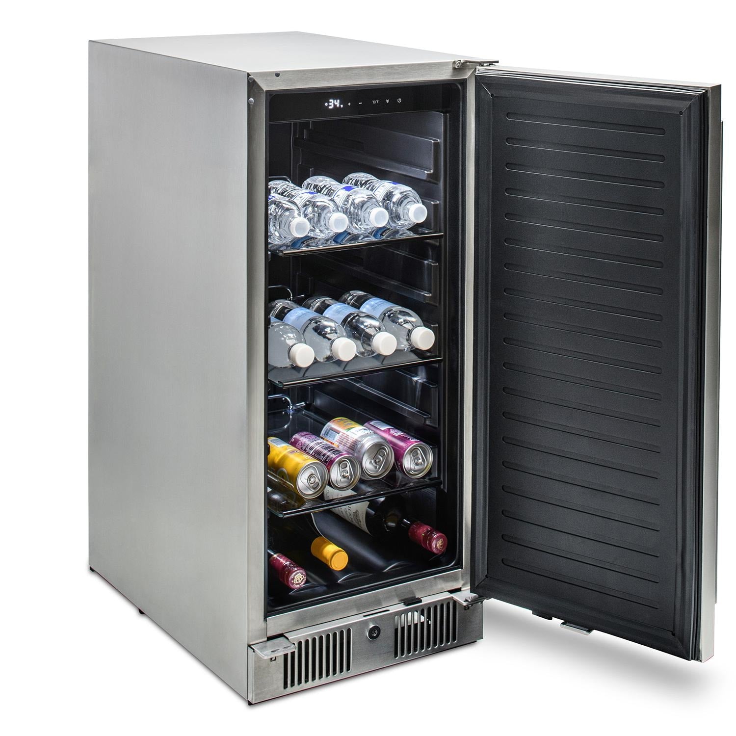 Compact refrigerator beverage center with open door showing glassware and bottle storage racks