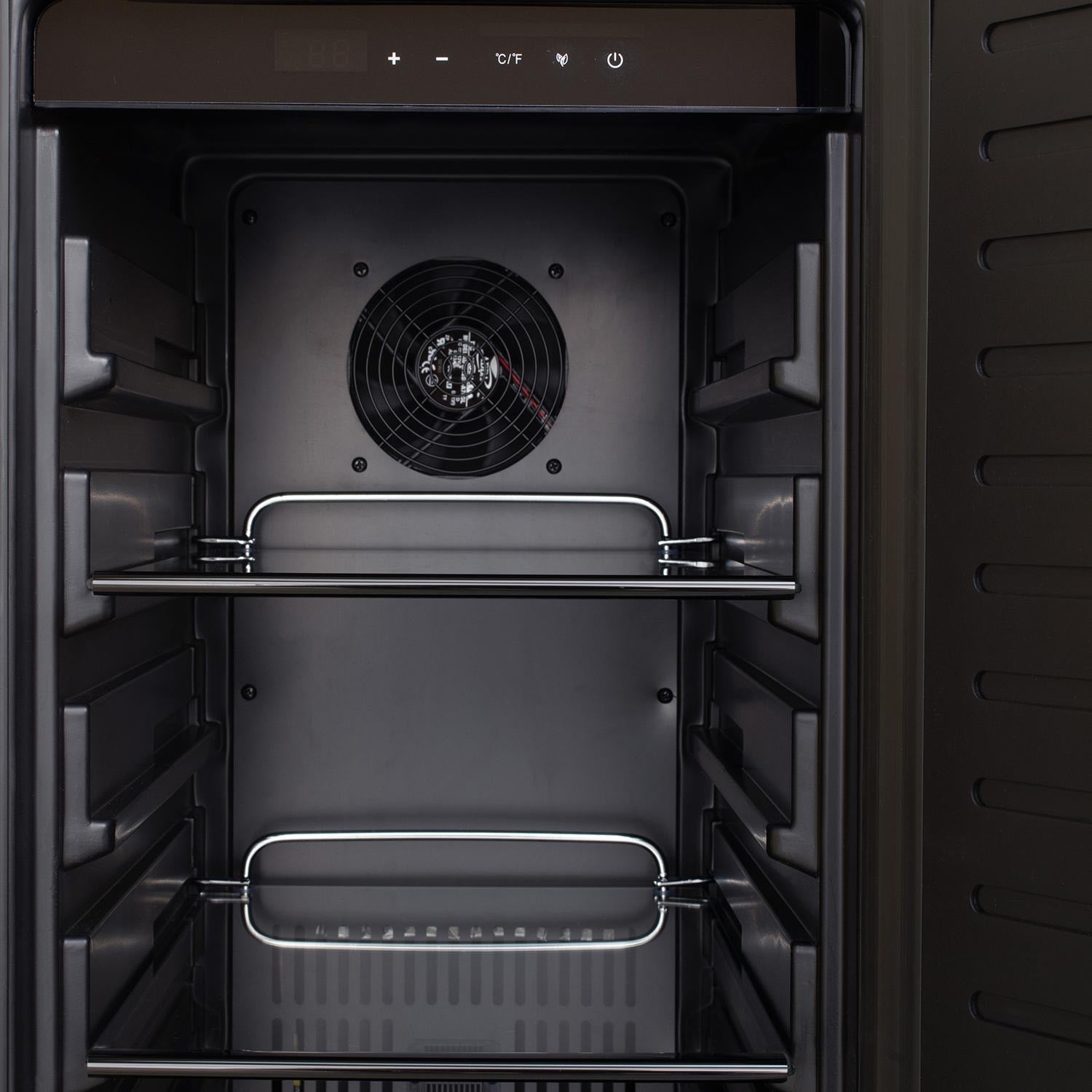 Outdoor compact refrigerator beverage center with open door and top control display over black interior