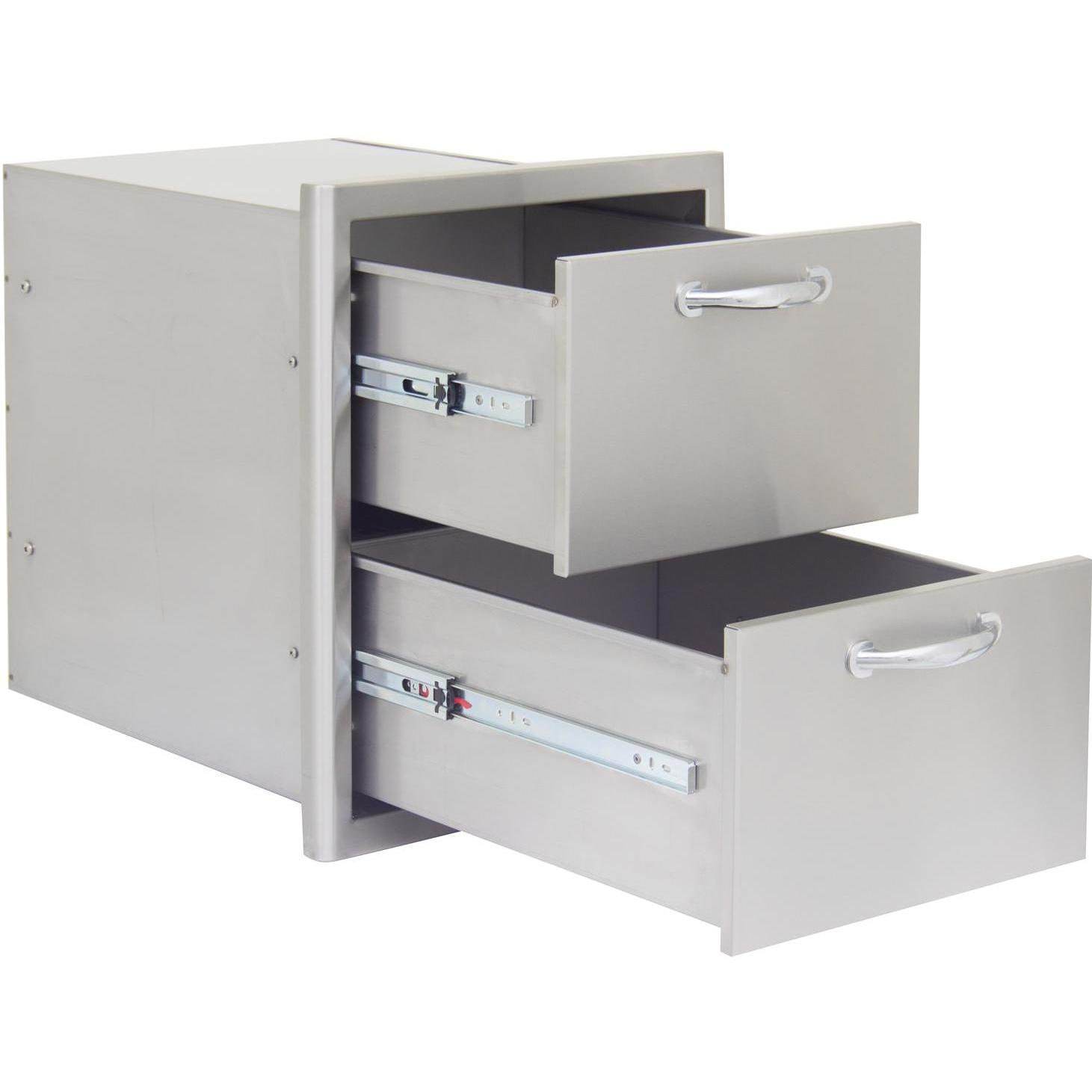 Stainless steel double drawer cabinet open, showing two drawers and chrome pull handles