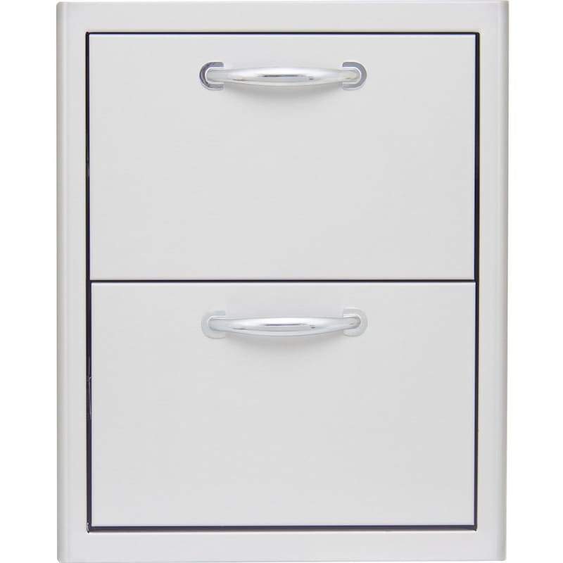 Stainless steel double access drawer front with two pull-out drawers and chrome handles