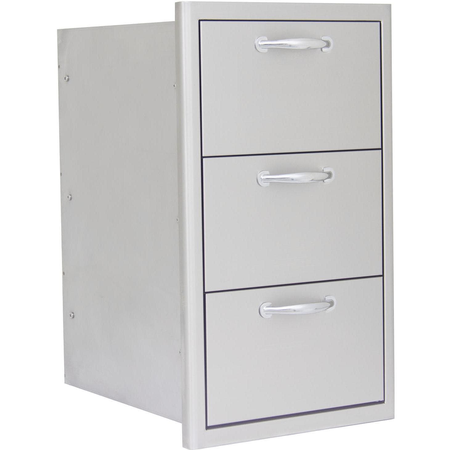 Stainless steel triple access drawer front with three divided sections