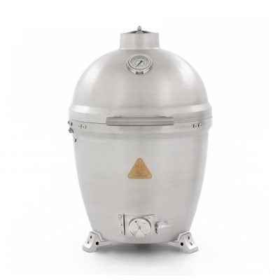 Cast aluminum kamado grill front view with top vent and fold-up feet