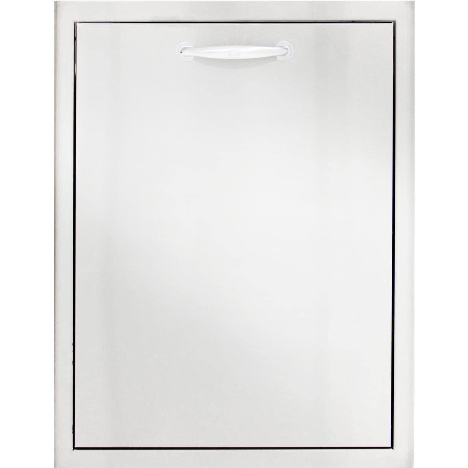 White roll-out double trash and recycling bin with top handle and black-trim door