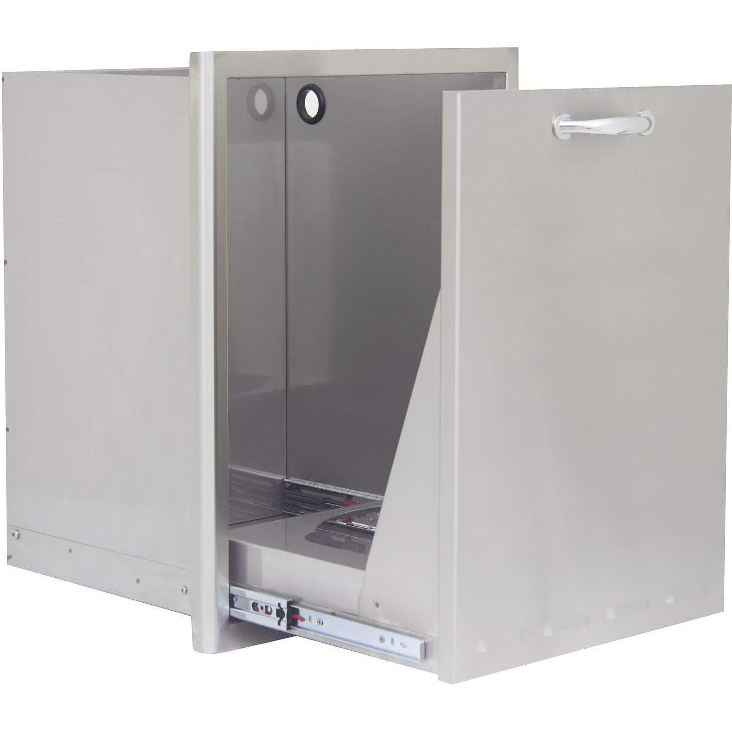 Stainless steel roll-out drawer open with door and interior tray